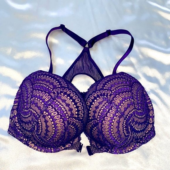 Front Close Racerback 32DD Bra Fishnet Lace Purple - Picture 1 of 8